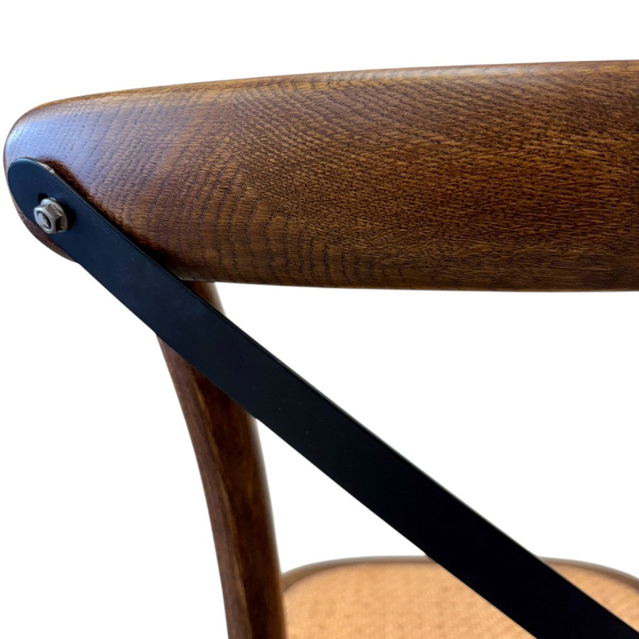 Villa cross back dining chair in deep oak with timber back rest and metal back support