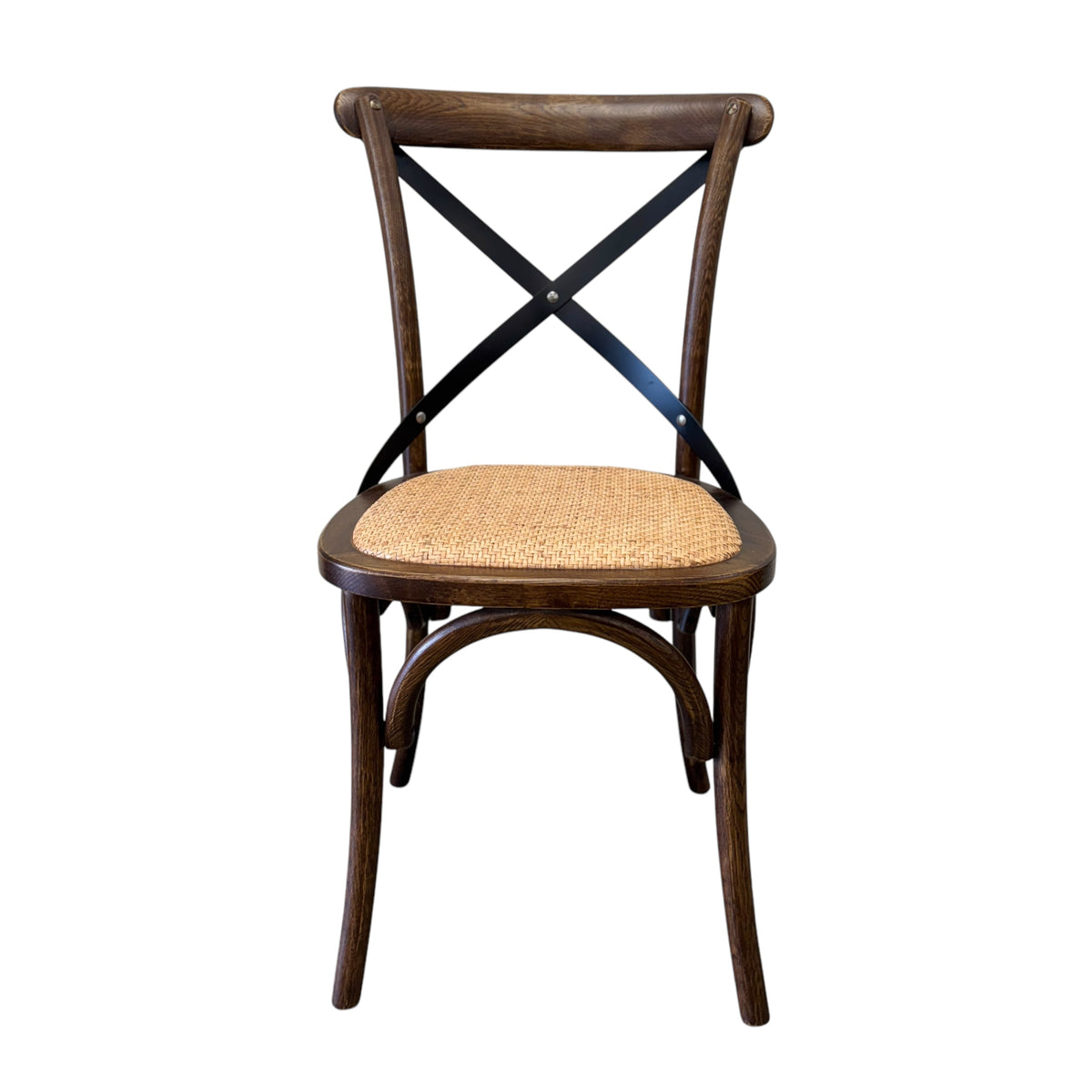 Cross Back Dining Chair - Deep Oak with rattan seat metal back support and bentwood frame