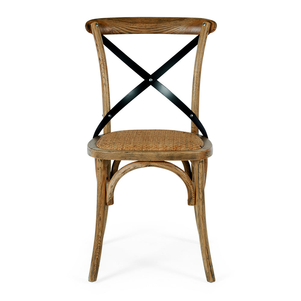 Villa dining chair in smoked oak with woven seat and metal cross back from front view