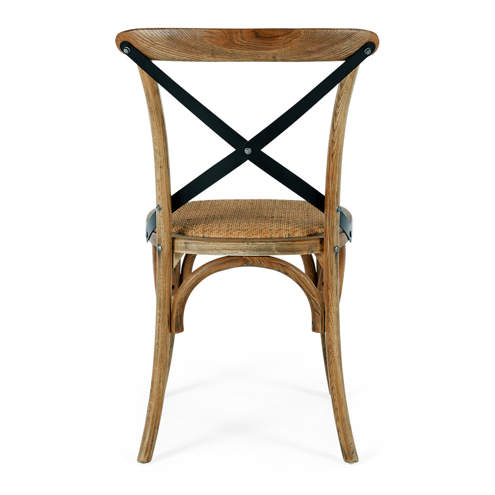 Villa dining chair in smoked oak with woven seat and metal cross back from rear