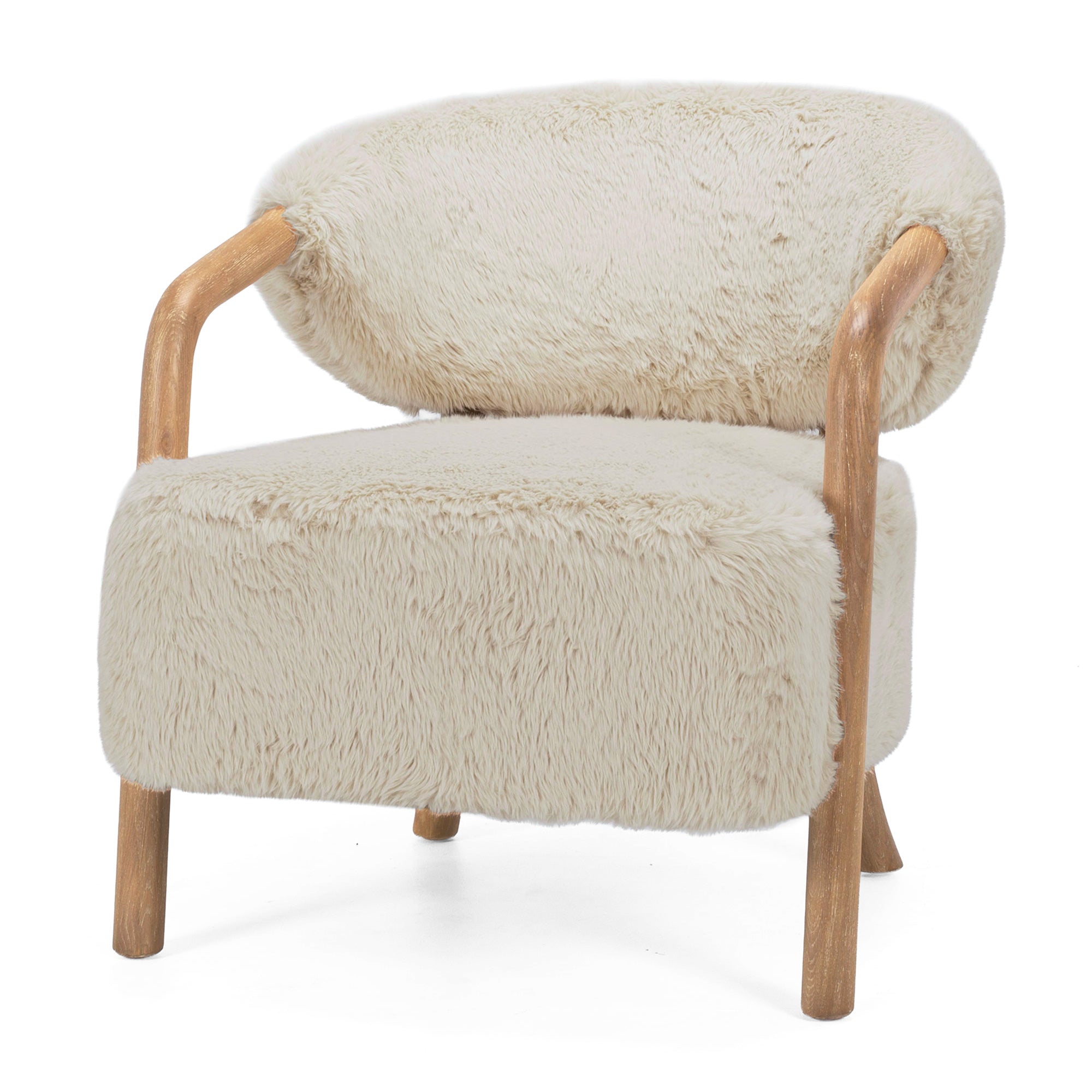 Angled view of the Yak Armchair in Natural with curved timber arms and luxuriously soft faux fur upholstery.