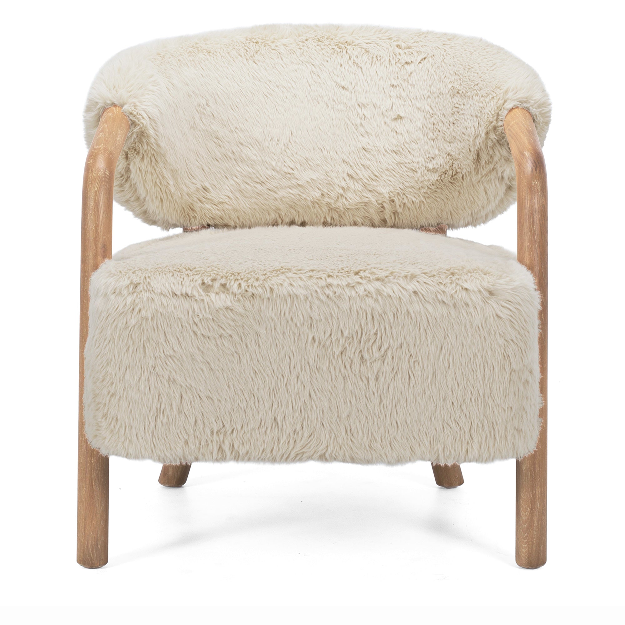 Front view of the Yak Armchair in Natural featuring a rounded silhouette and comfortable upholstered seat.