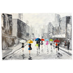 A Splash of Colour framed canvas painting featuring a monochrome city street with brightly coloured umbrellas