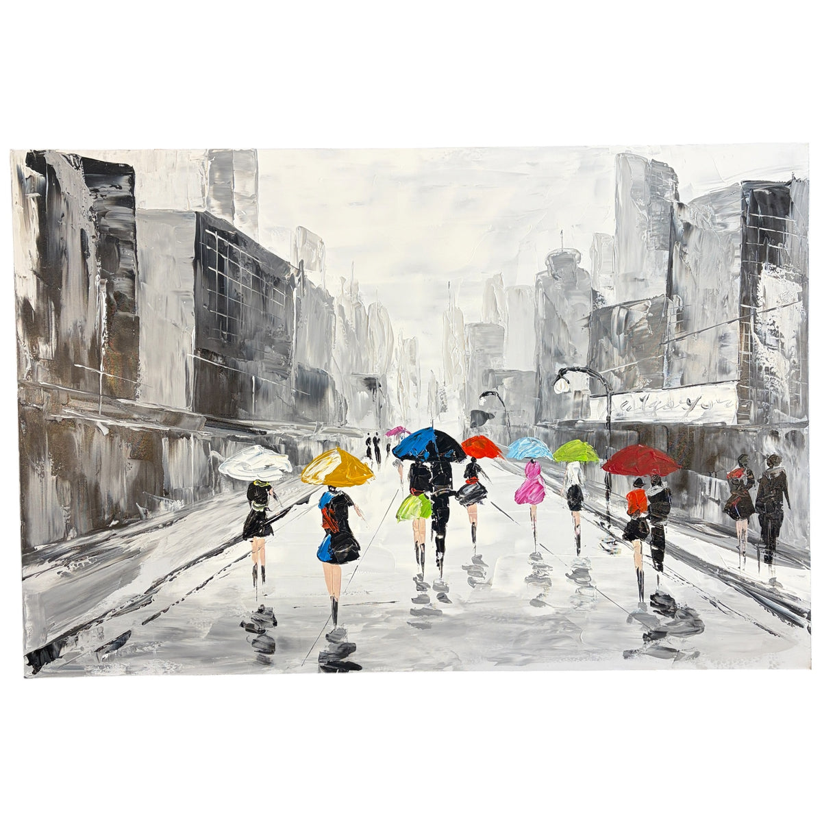 A Splash of Colour framed canvas painting featuring a monochrome city street with brightly coloured umbrellas