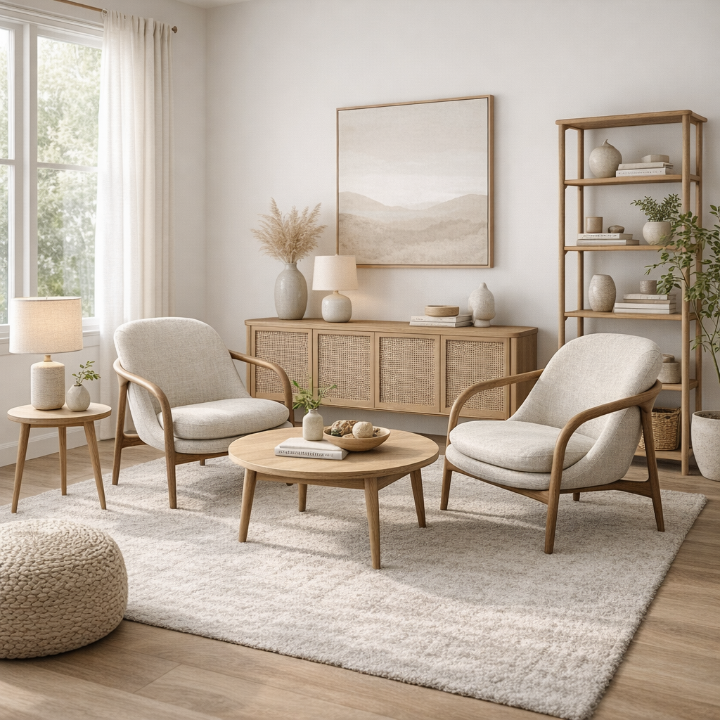 Adeline fabric armchair styled in a contemporary living room with Scandinavian-inspired décor.