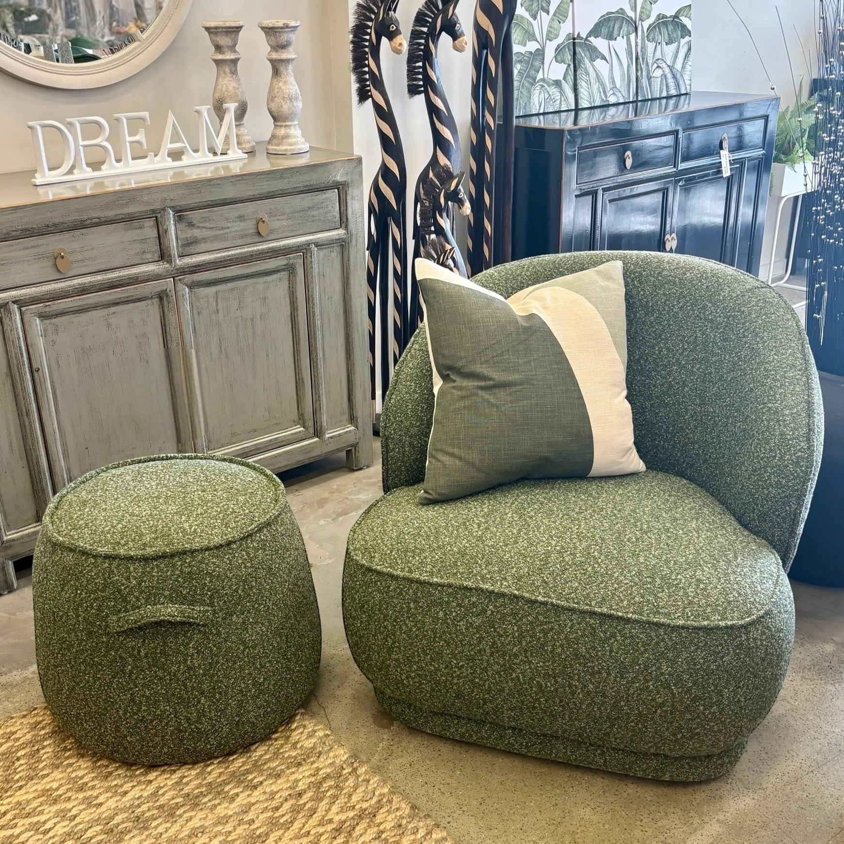 Arlo Chair in Fern styled in a contemporary living room with natural timber furniture and complementary décor.