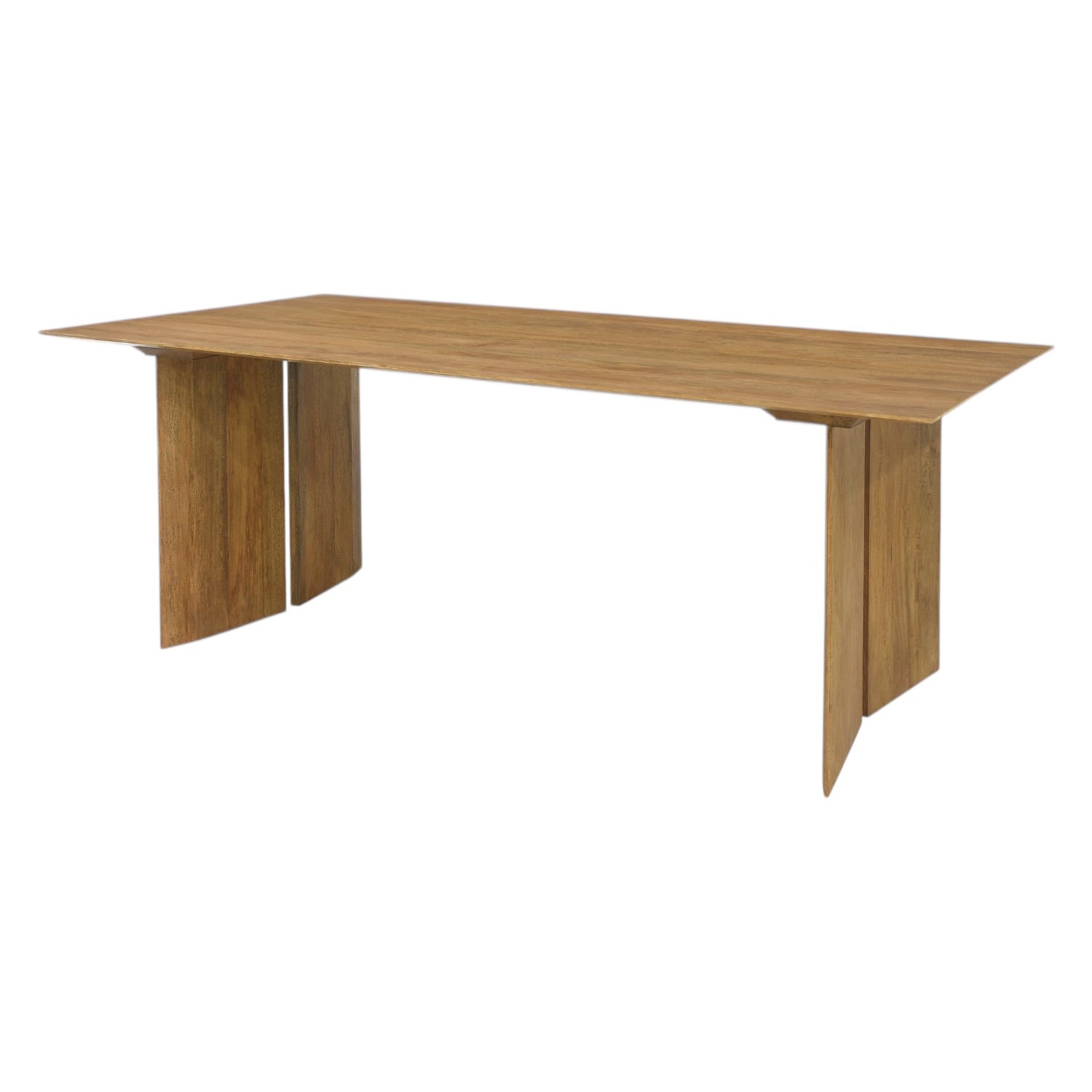 Angled view of the Ava Dining Table in Natural, highlighting its solid mango wood construction, architectural panel legs and modern design.