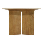End view of the Ava Dining Table in Natural, showcasing the distinctive panel leg base and generous tabletop overhang.