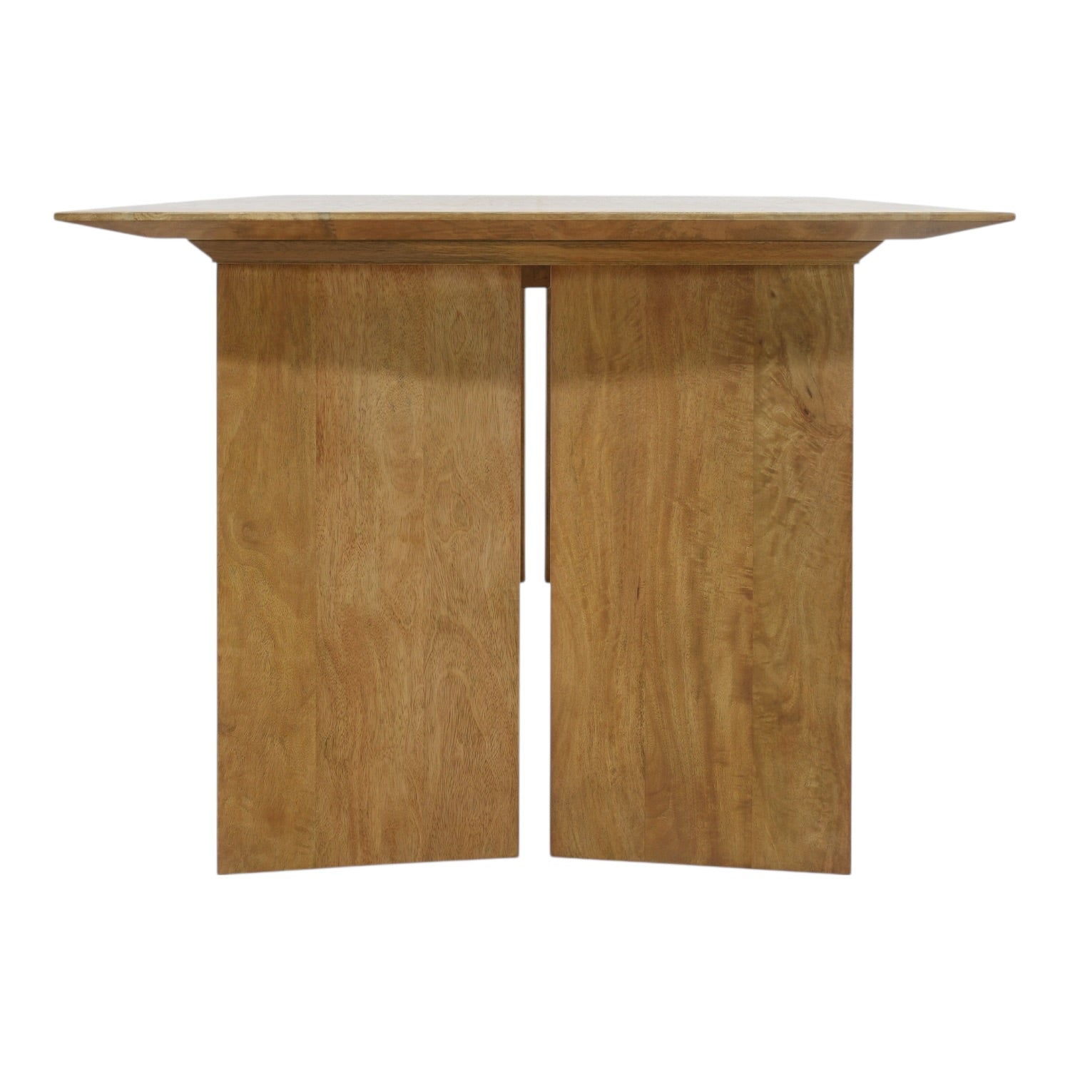 End view of the Ava Dining Table in Natural, showcasing the distinctive panel leg base and generous tabletop overhang.
