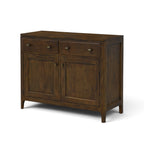 Angled view of the Byron 2 Door Sideboard in Antique Brown solid mango wood with two drawers, two doors and pipe-style handles.