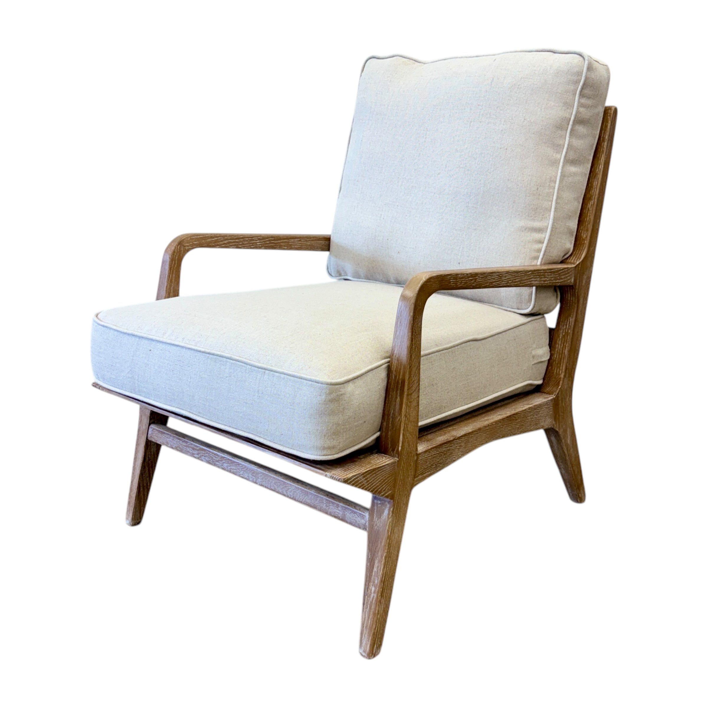 Side profile of the Cameron Chair in Natural with a supportive upholstered seat and solid timber frame.