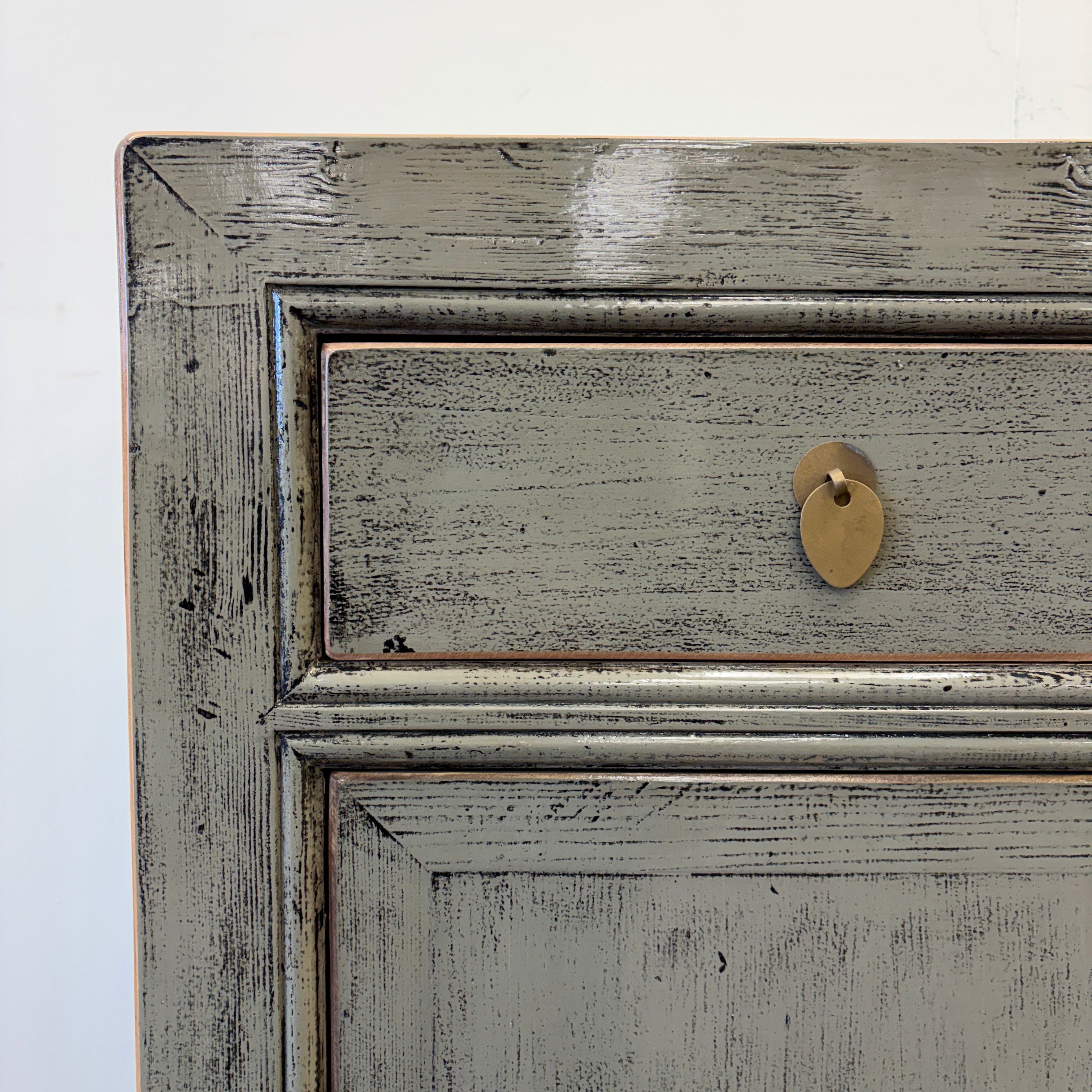 Cass Sideboard Sage Grey drawer detail with distressed finish and brass toned handle