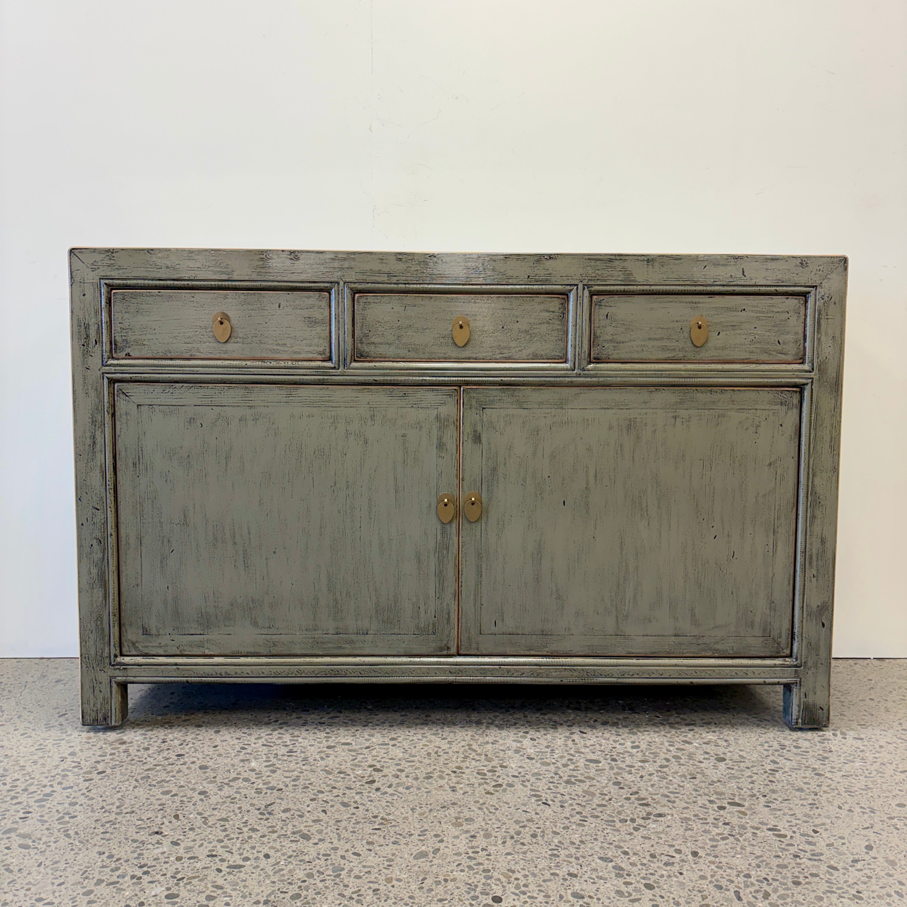 Cass Sideboard Sage Grey front view with three drawers and two cupboard doors