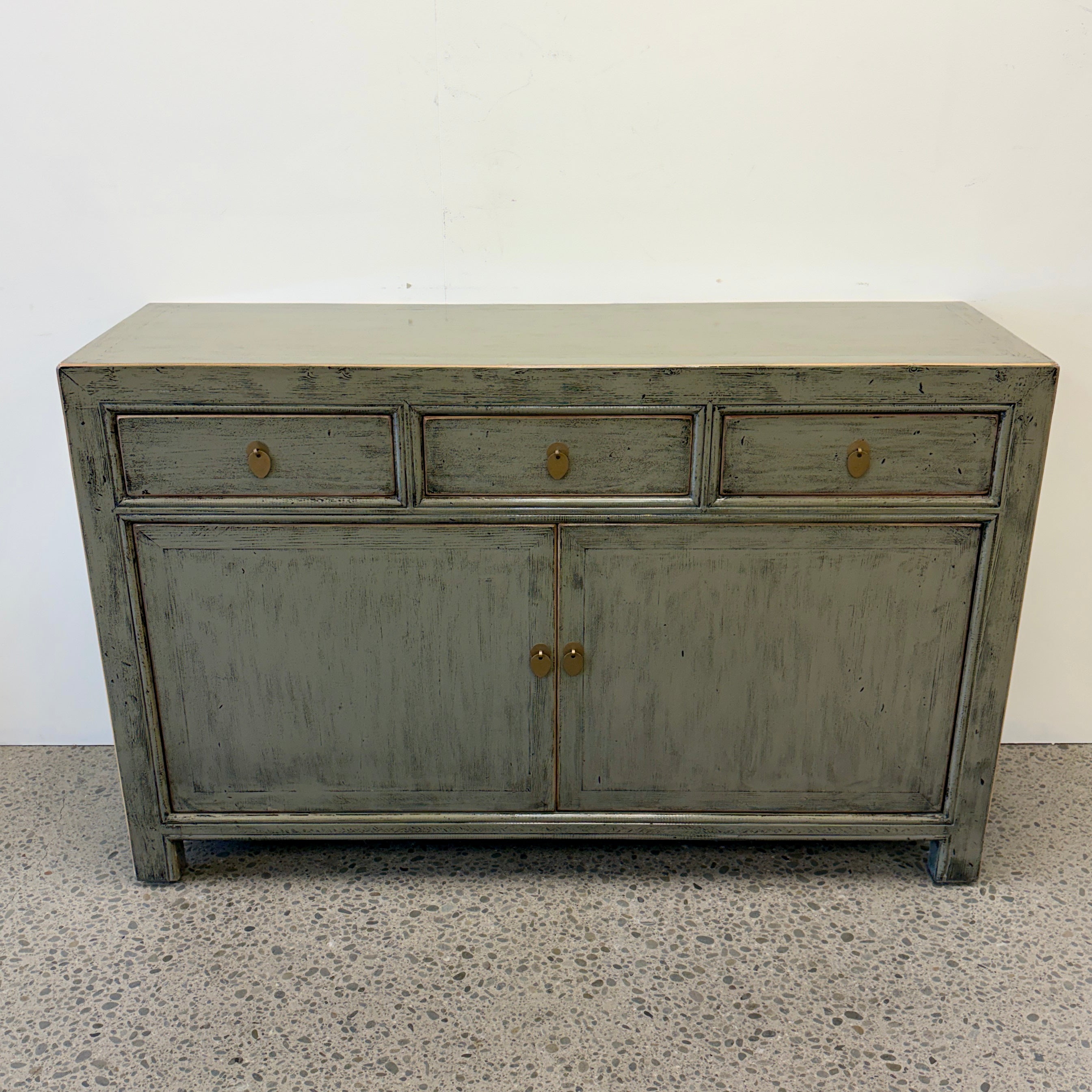 Cass Sideboard in Sage Grey showing distressed finish, drawers and cupboard storage
