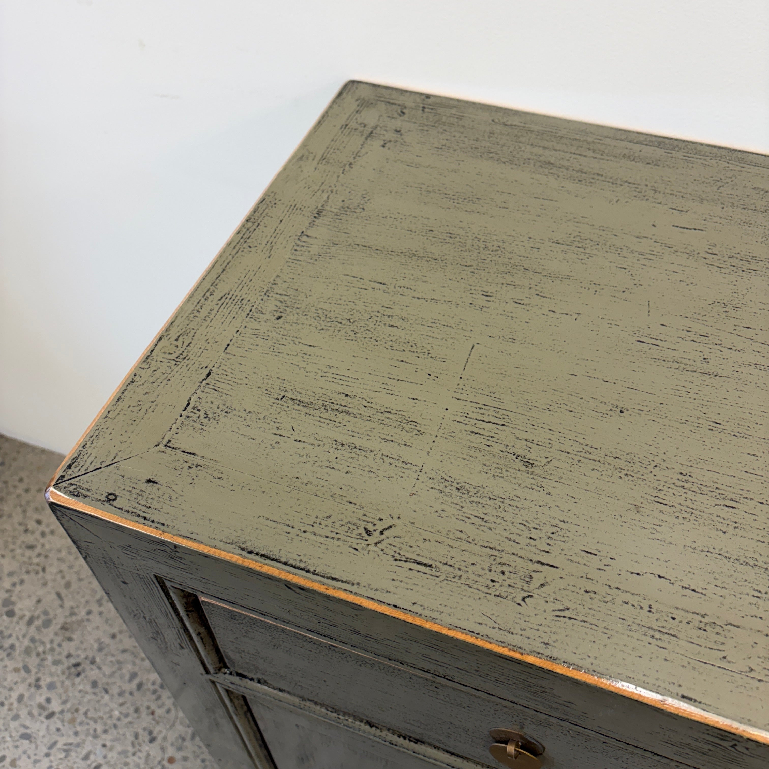 Cass Sideboard Sage Grey top showing textured distressed timber finish