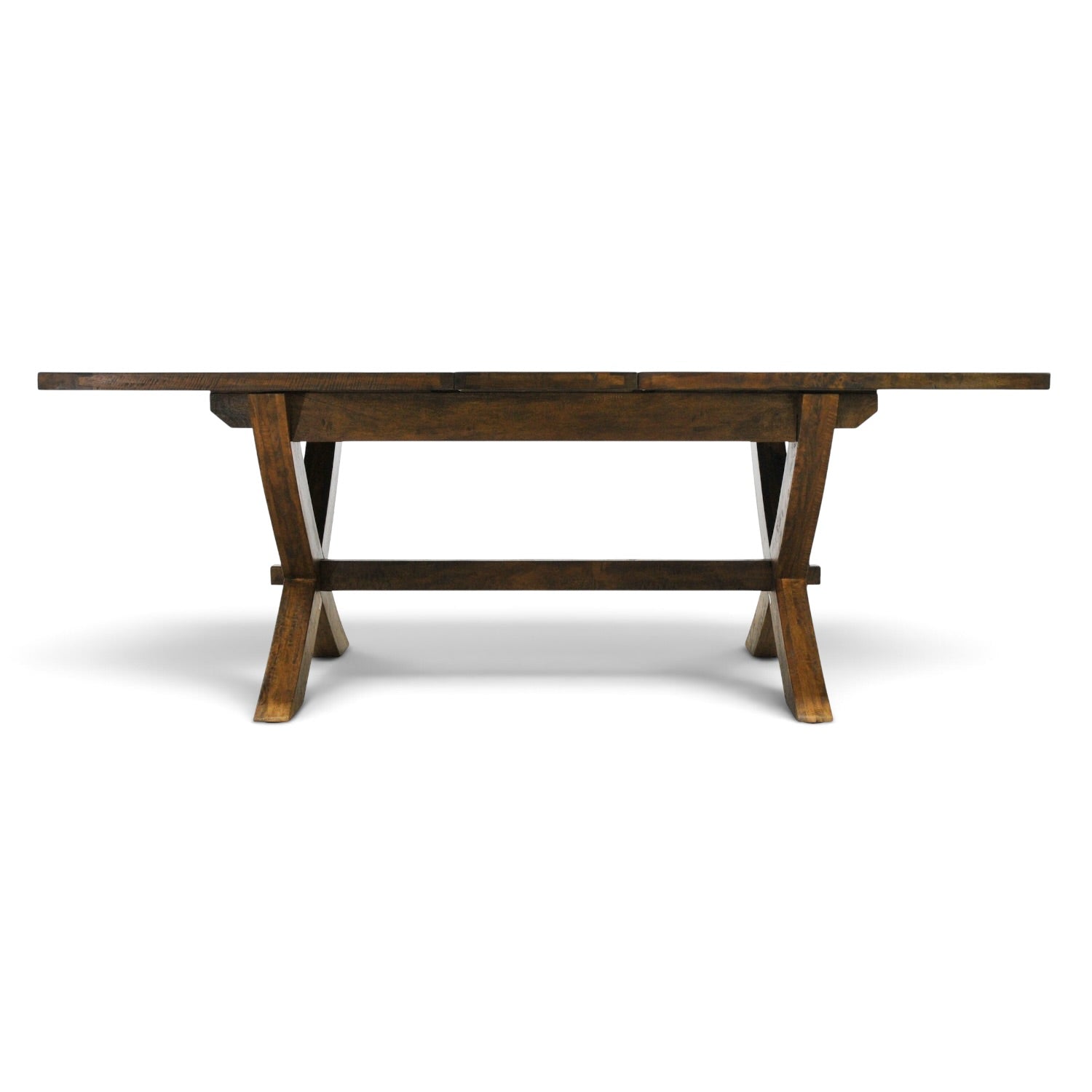 Side view of the Cross Leg Extension Dining Table showing the solid timber top, cross-leg base and central support stretcher.