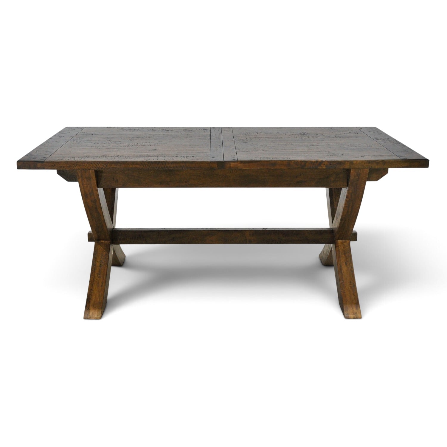 Side and angled view of the Cross Leg Extension Dining Table showing the solid timber top, cross-leg base and central support stretcher.