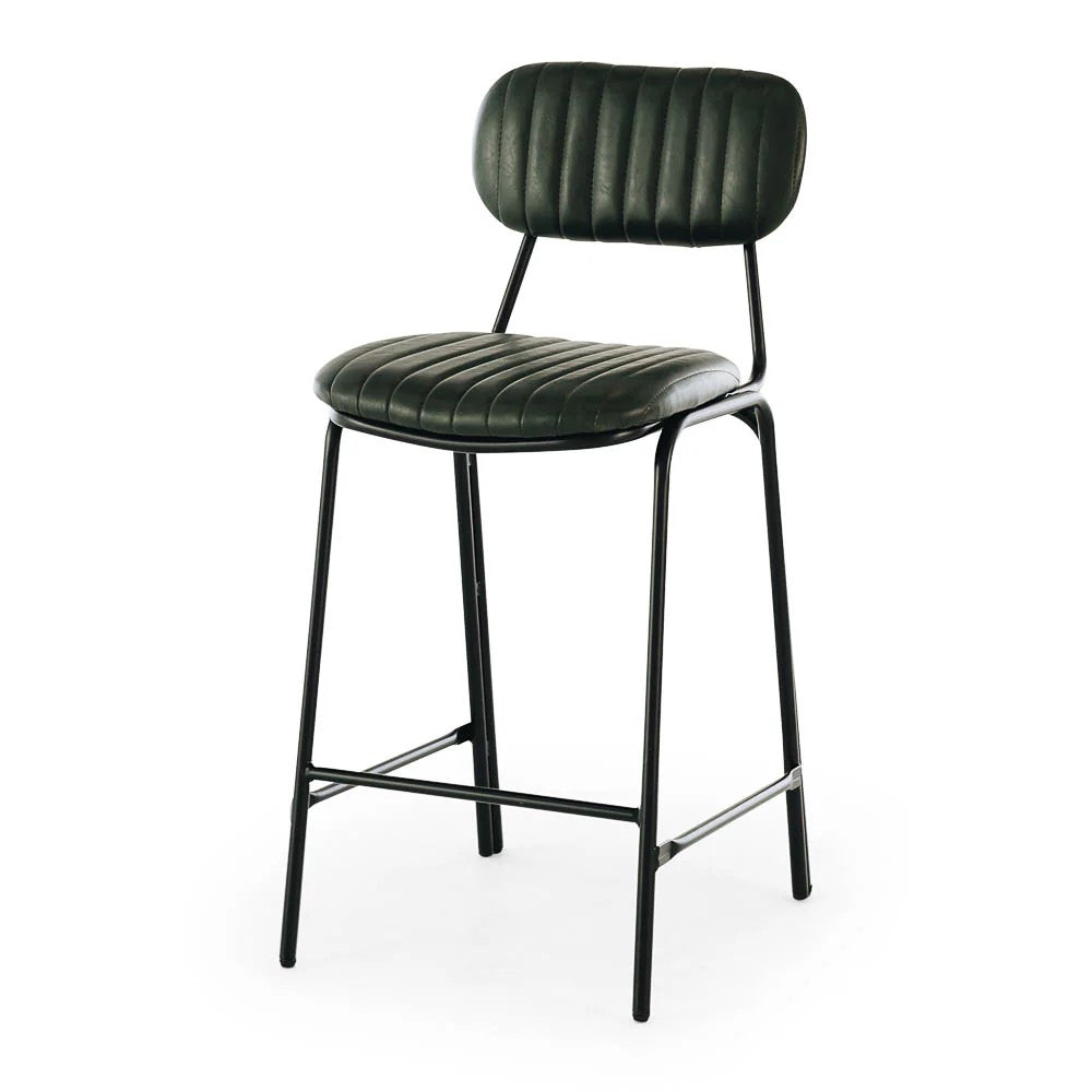Side view of the Datsun Bar Stool highlighting its slim black metal frame, comfortable seat and 65cm seat height for standard kitchen benches.