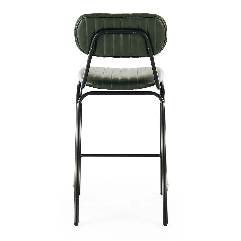 Rear view of the Datsun Bar Stool featuring the black powder-coated metal frame and padded upholstered backrest.