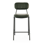 Front view of the Datsun Bar Stool in olive upholstery with vertical channel stitching and a sturdy black metal frame.