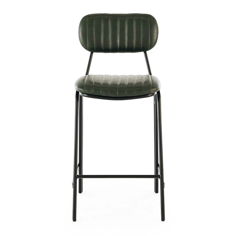 Front view of the Datsun Bar Stool in olive upholstery with vertical channel stitching and a sturdy black metal frame.