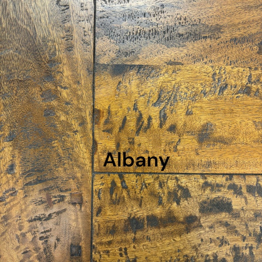 Close-up of the Double Leaf Extension Table in the Albany finish, showcasing the warm rustic colour and distinctive mango wood grain.