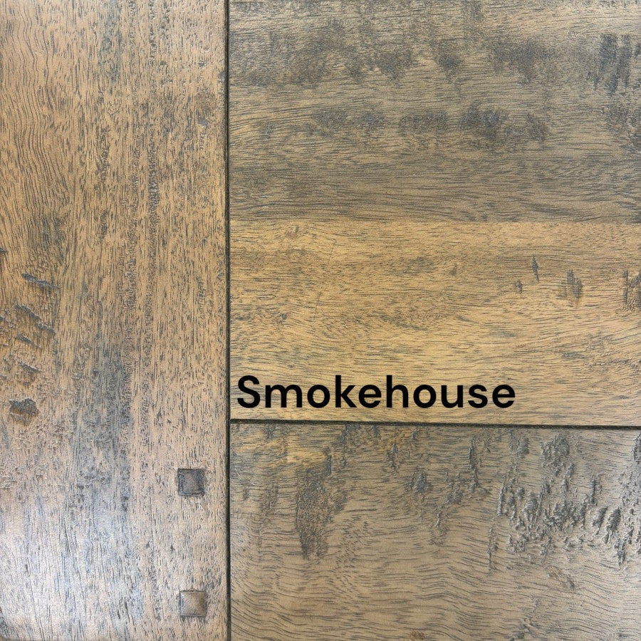 Close-up of the Double Leaf Extension Table in the Smokehouse finish, highlighting the rich tones and natural character of the solid mango timber.