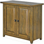 Angled view of Driftwood Cupboard showing natural timber finish, two doors and dark metal handles
