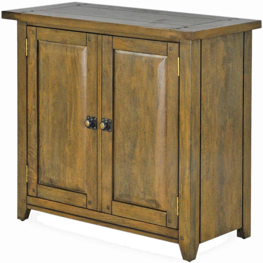 Angled view of Driftwood Cupboard showing natural timber finish, two doors and dark metal handles