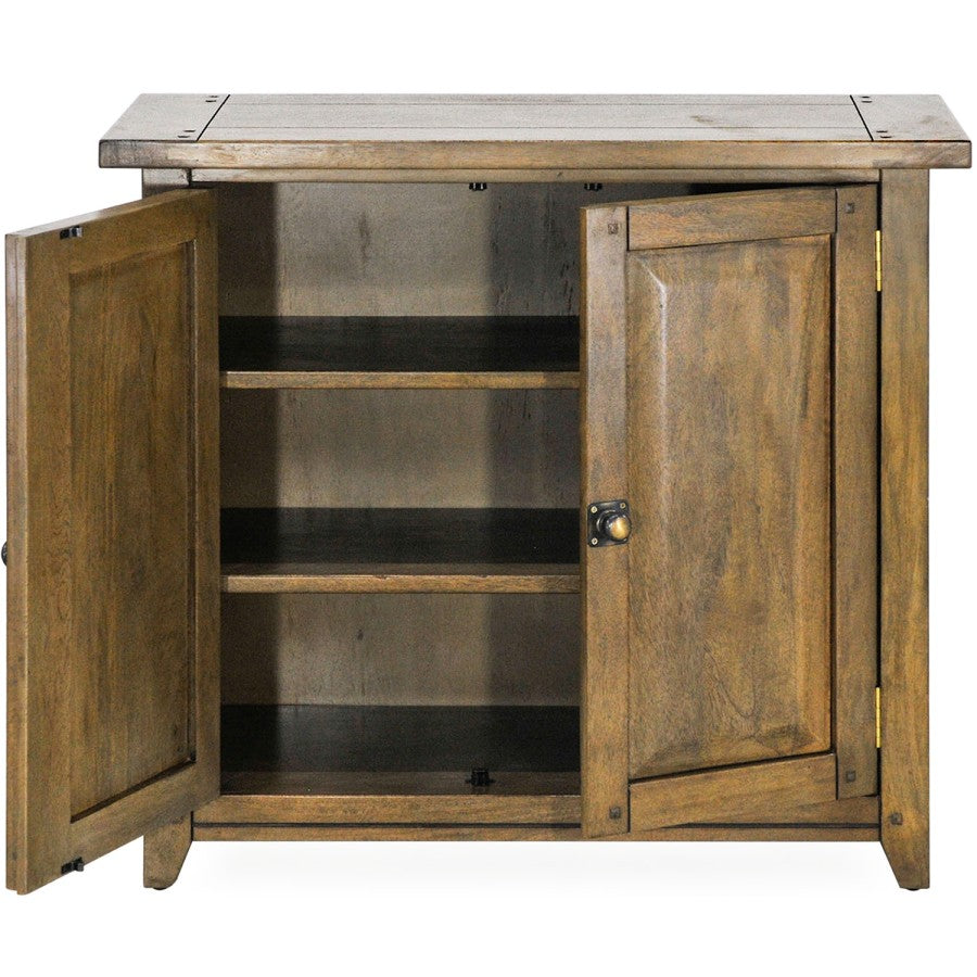 Driftwood Cupboard with doors open showing internal timber shelves and storage space