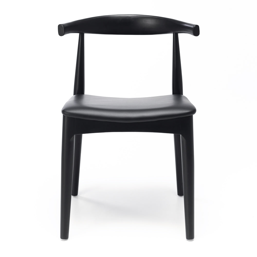Black Elbow Dining Chair front view with curved oak backrest and black upholstered seat