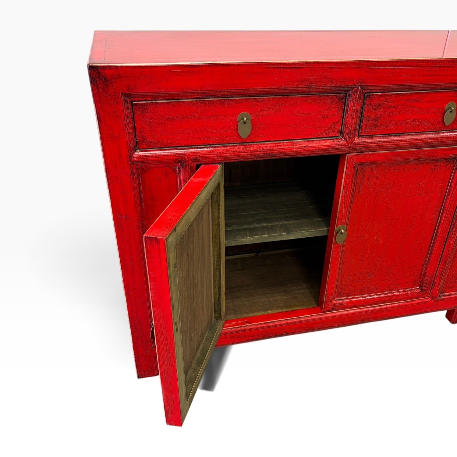 Elliot Sideboard in Chilli with door open showing internal shelf and storage space
