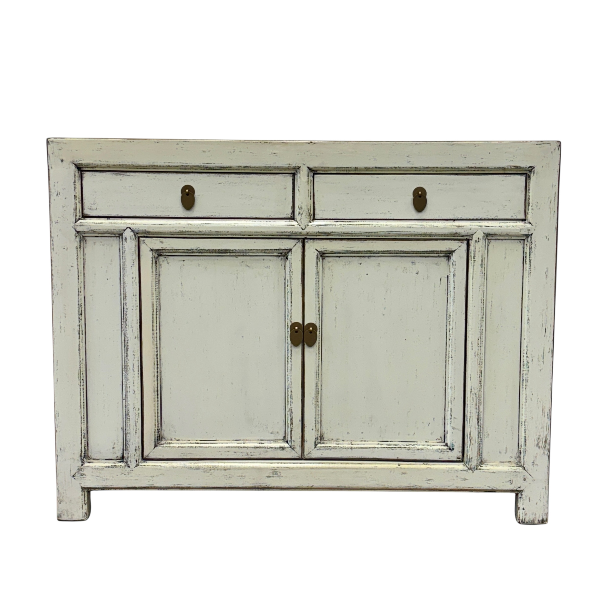 Front view of Elliot Sideboard in distressed white with two drawers, two panelled doors and brass-toned handles