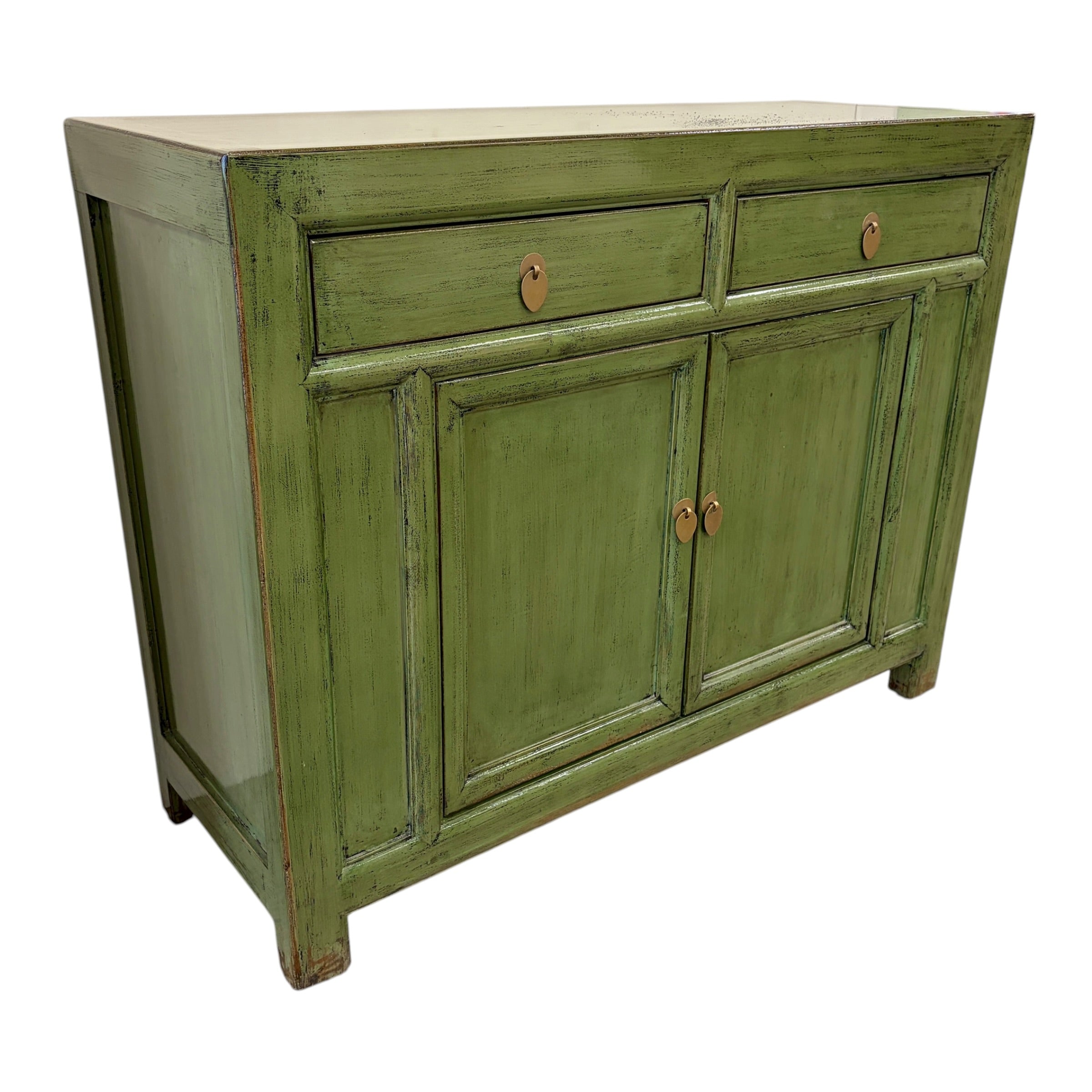 Angled view of Elliot Sideboard Olive Green showing panelled doors and compact profile