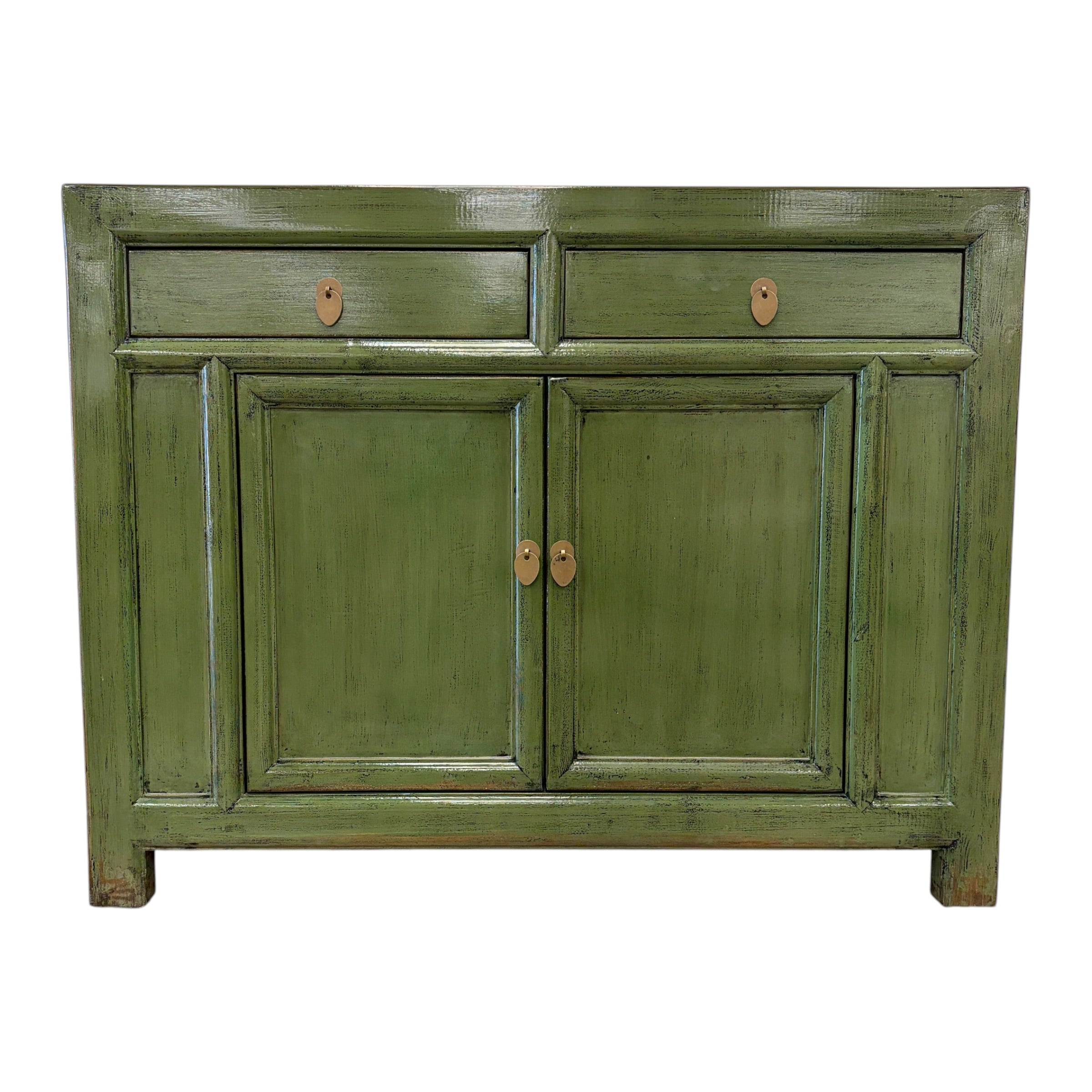 Elliot Sideboard Olive Green front view with two drawers, two panelled doors and brass toned handles