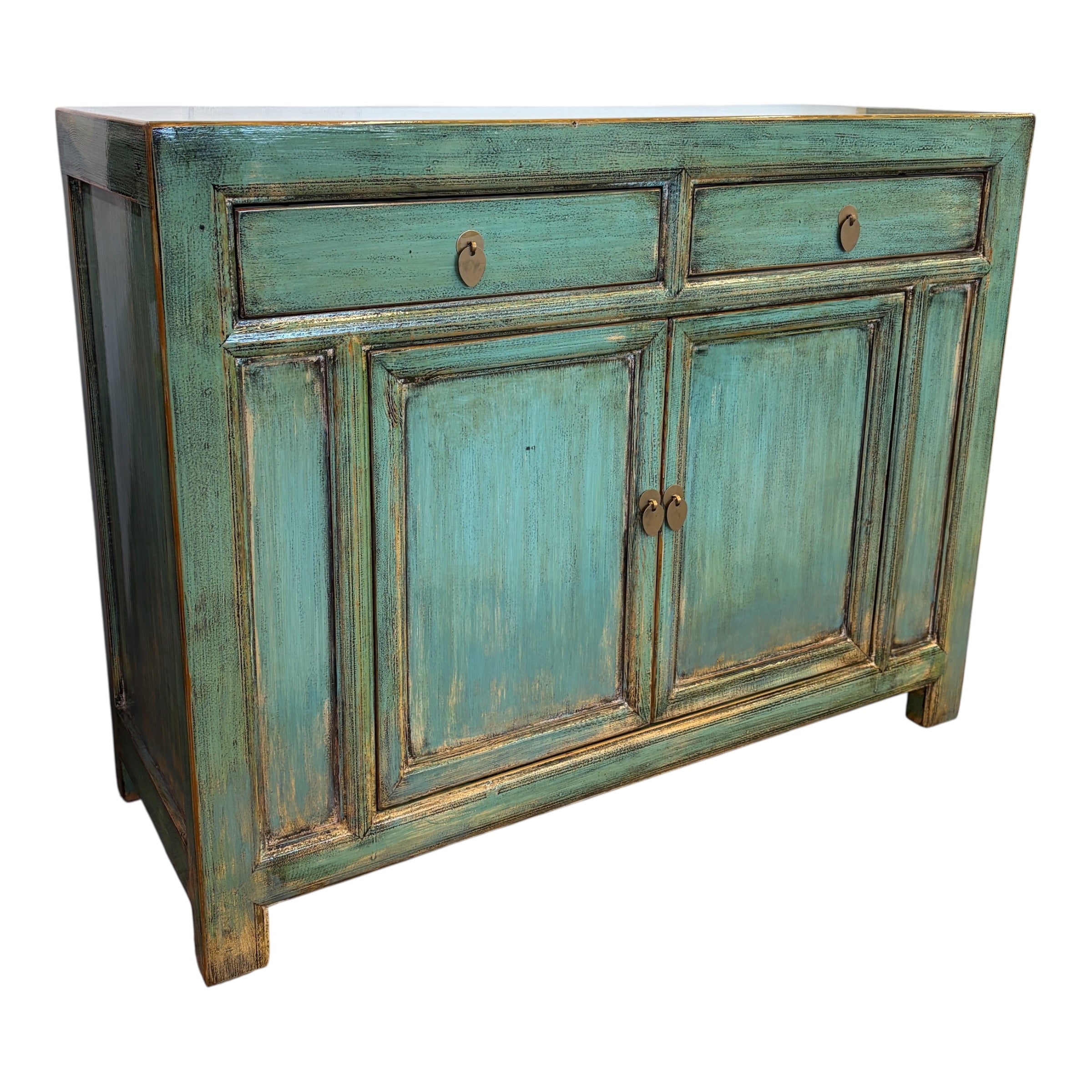 Angled view of the Elliot Sideboard in distressed sea green with two drawers and cupboard storage