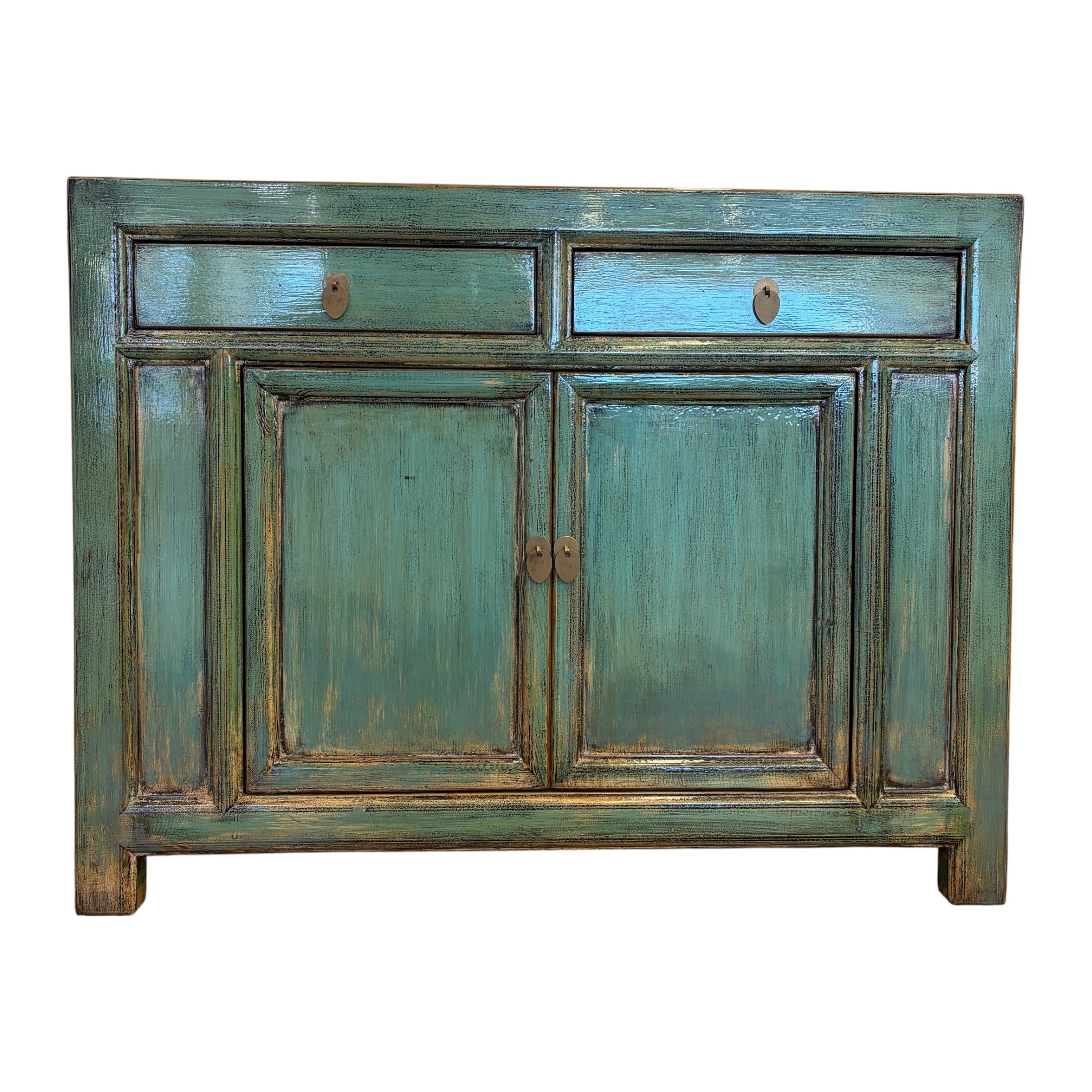 Elliot Sideboard in distressed sea green finish with two doors and two drawers
