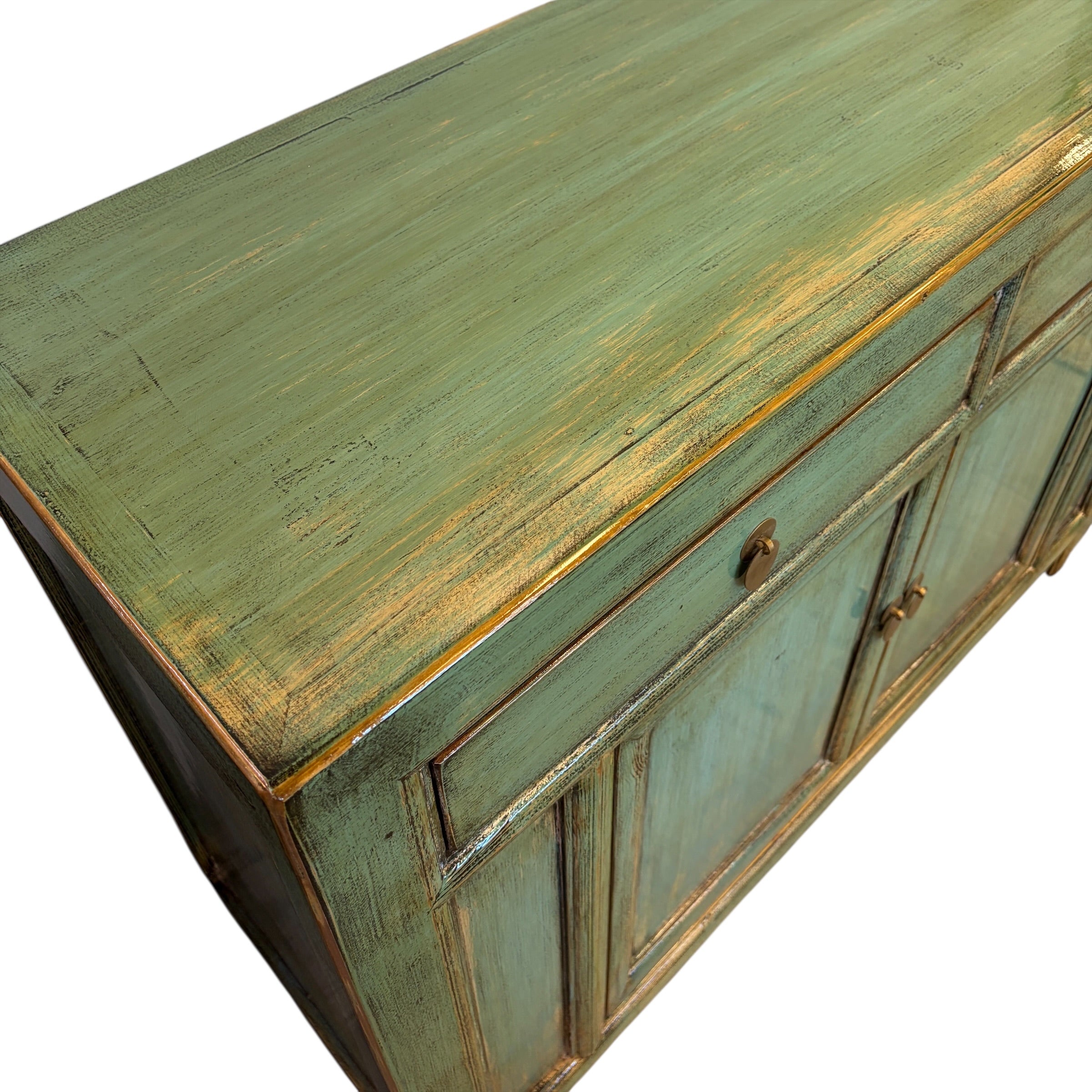 Top view of the Elliot Sideboard showing the layered distressed sea green and natural timber finish