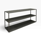 Ellis Low Profile Shelf in Greened Grey metal with minimalist open-frame design and three display surfaces