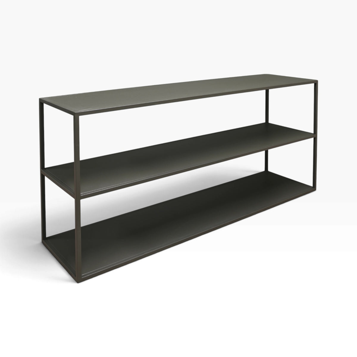 Ellis Low Profile Shelf in Greened Grey metal with minimalist open-frame design and three display surfaces