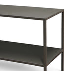 Close-up of Ellis Low Profile Shelf showing the smooth greened grey metal finish and slim frame