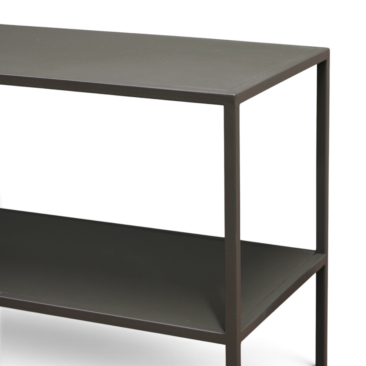 Close-up of Ellis Low Profile Shelf showing the smooth greened grey metal finish and slim frame