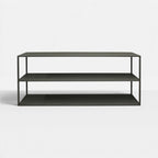 Front view of Ellis Low Profile Shelf in Greened Grey with two spacious open shelves beneath the top