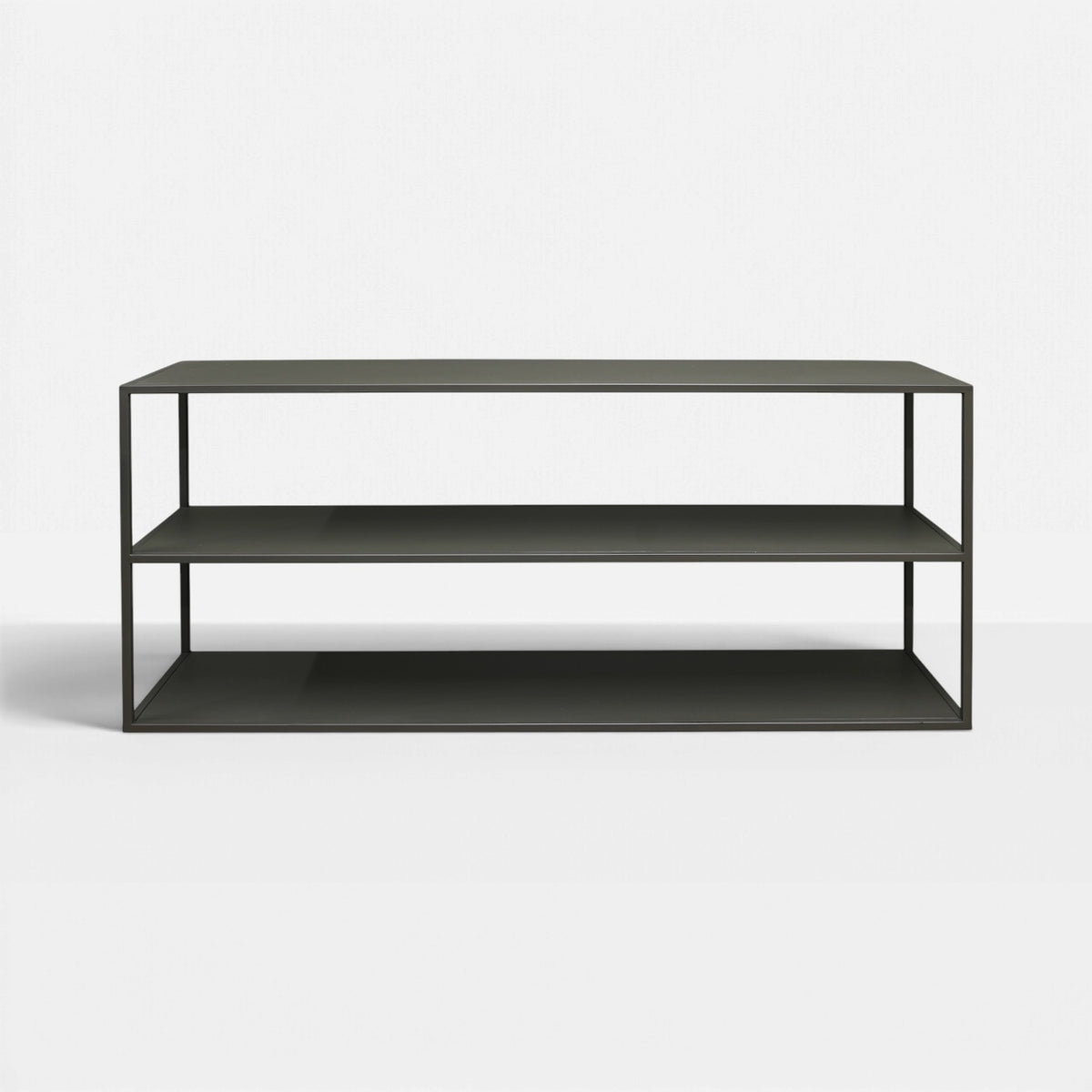 Front view of Ellis Low Profile Shelf in Greened Grey with two spacious open shelves beneath the top