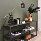 Ellis Low Profile Shelf styled with books, decorative objects and vases against a green wall