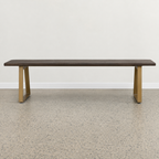 Evolution Bench in iron brown mango wood with gold iron legs, front view