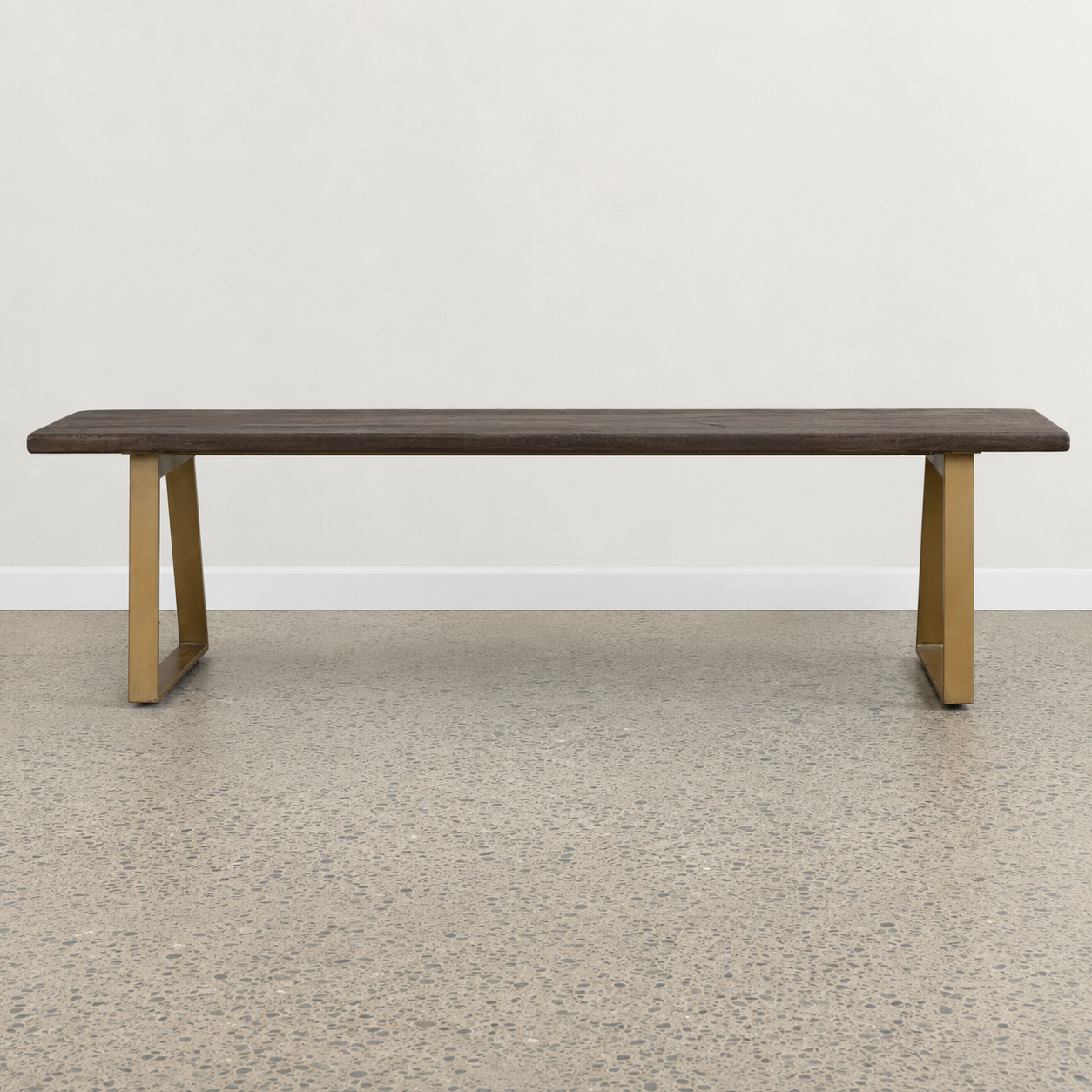Evolution Bench in iron brown mango wood with gold iron legs, front view