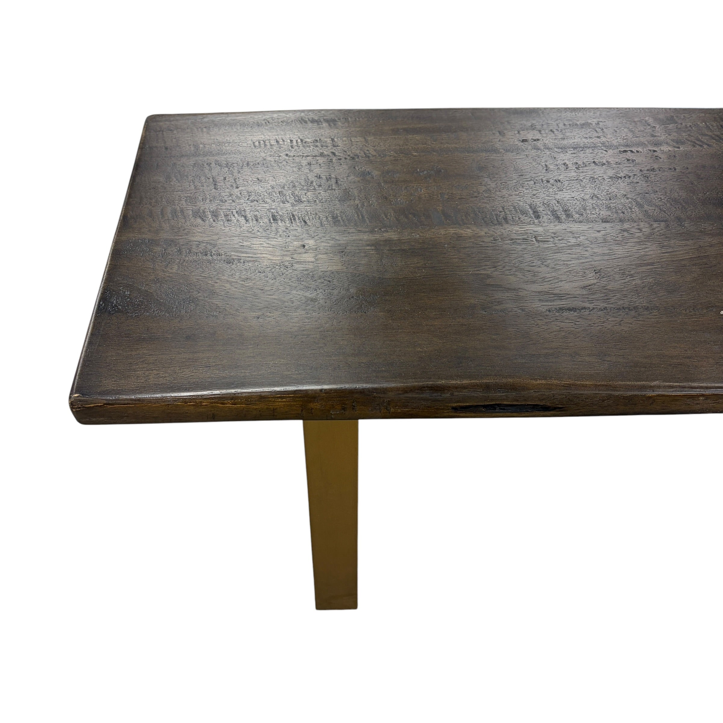 Evolution Bench with long mango wood seat and contemporary gold iron legs