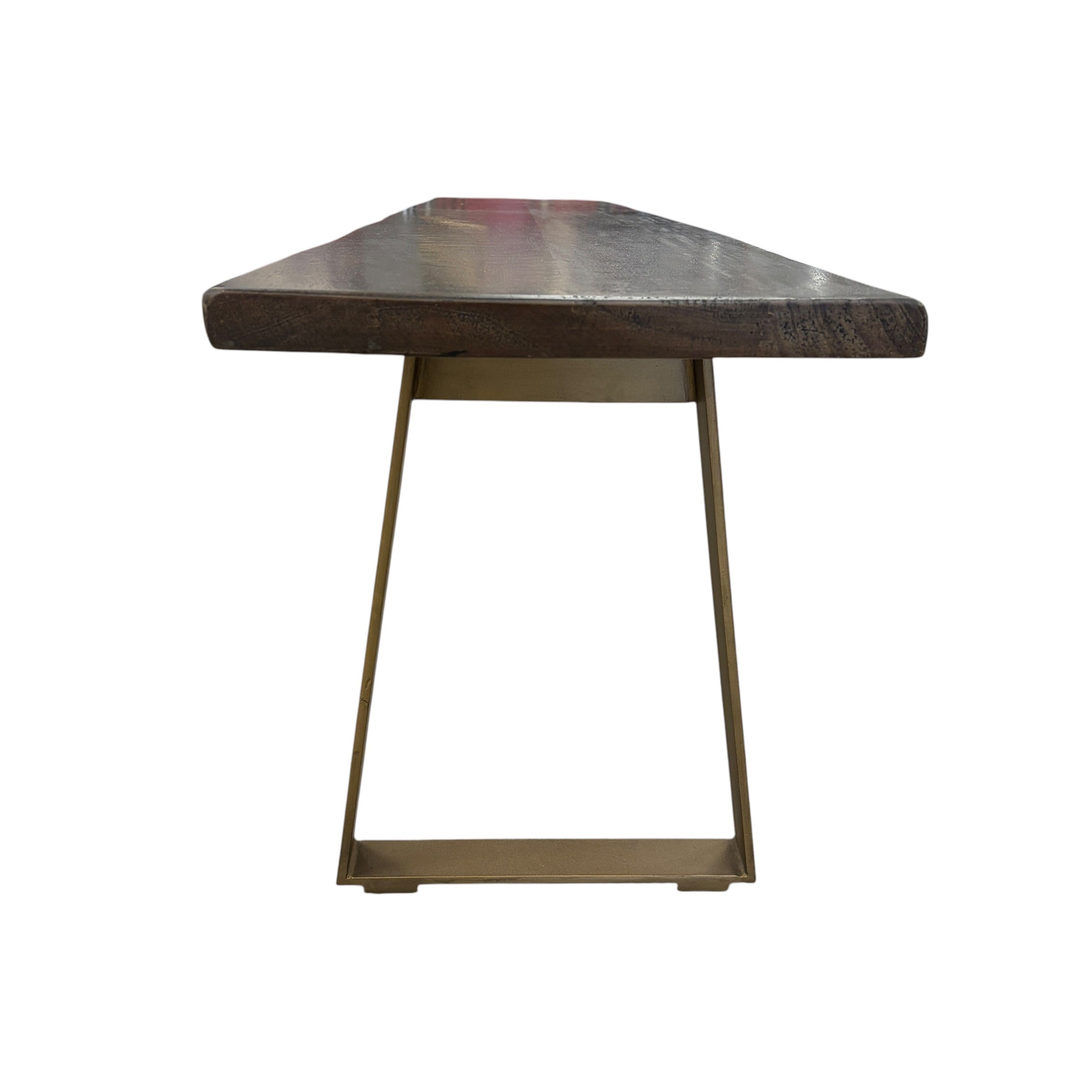 Evolution Bench side detail showing solid mango wood seat and gold iron frame