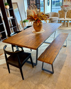 Evolution Albany mango wood bench seat styled with a timber dining table and dining chairs